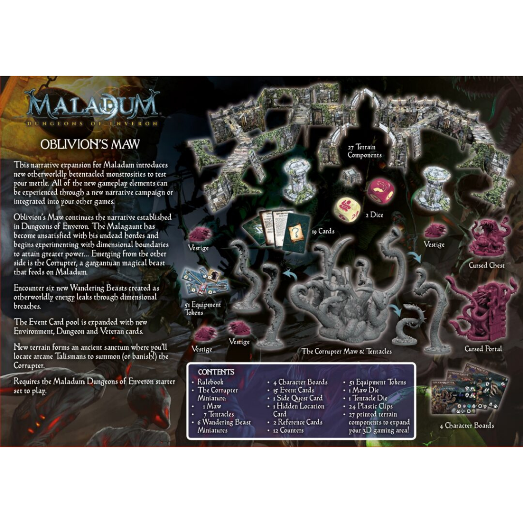 Maladum Oblivion's Maw – tył pudełka z opisem fabuły, listą zawartości i zdjęciem komponentów BSGMDE002
