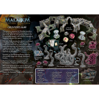 Maladum Oblivion's Maw – tył pudełka z opisem fabuły, listą zawartości i zdjęciem komponentów BSGMDE002
