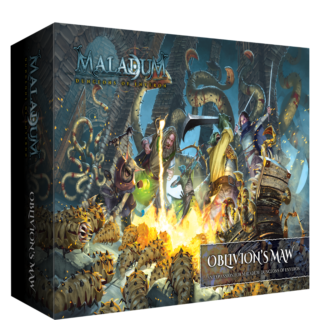 Maladum Oblivion's Maw – pudełko dodatku z grafiką Poszukiwaczy walczących z Corrupterem i mackami w lochach
