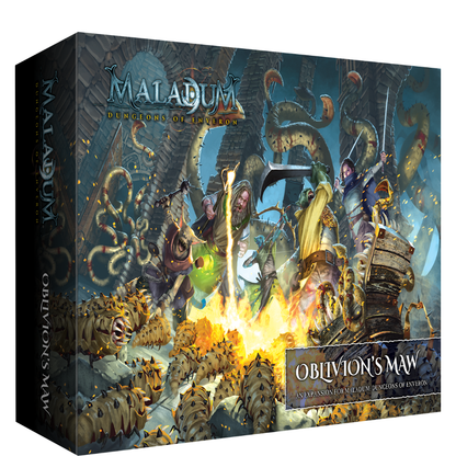Maladum Oblivion's Maw – pudełko dodatku z grafiką Poszukiwaczy walczących z Corrupterem i mackami w lochach
