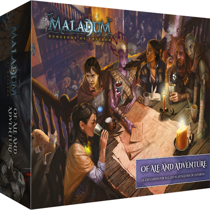 Maladum Of Ale and Adventure – pudełko dodatku z grafiką Poszukiwaczy w karczmie przy mapie i świecach
