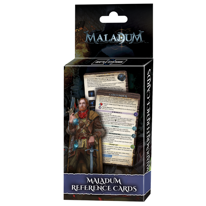 Maladum Reference Cards BSGMDA003 Battle Systems - pudełko kart referencyjnych z wojownikiem widok izometryczny ciemne tło
