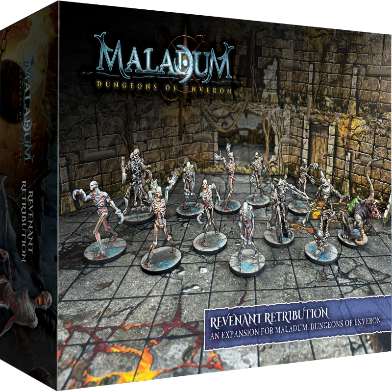 Maladum: Revenant Retribution – pudełko dodatku z figurkami Revenant dla Dungeons of Enveron
