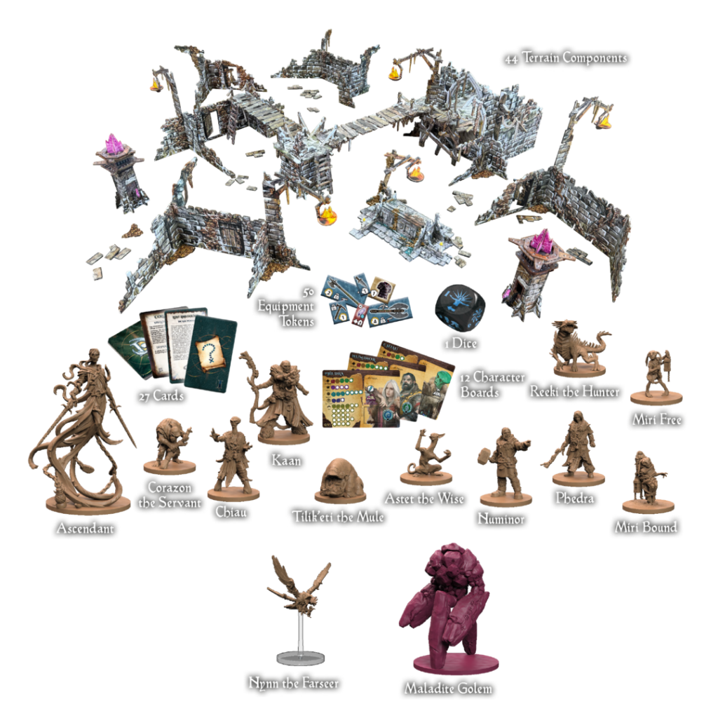 Maladum The Forbidden Creed – zawartość zestawu: Ascendant, Kaan, Chiau, Tilikeri the Mule, Aster the Wise, Numinor, Phedra, Corazon the Servant, Miri Free, Miri Bound, Reeki the Hunter, Nynn the Farseer, Maladite Golem, 44 elementy terenu, 27 kart, 50 żetonów, 12 plansz postaci, 1 kość
