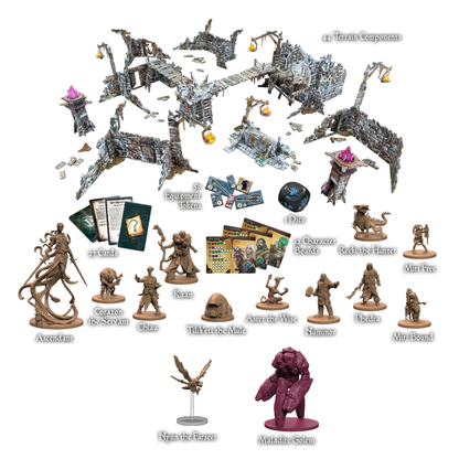 Maladum The Forbidden Creed – zawartość zestawu: Ascendant, Kaan, Chiau, Tilikeri the Mule, Aster the Wise, Numinor, Phedra, Corazon the Servant, Miri Free, Miri Bound, Reeki the Hunter, Nynn the Farseer, Maladite Golem, 44 elementy terenu, 27 kart, 50 żetonów, 12 plansz postaci, 1 kość

