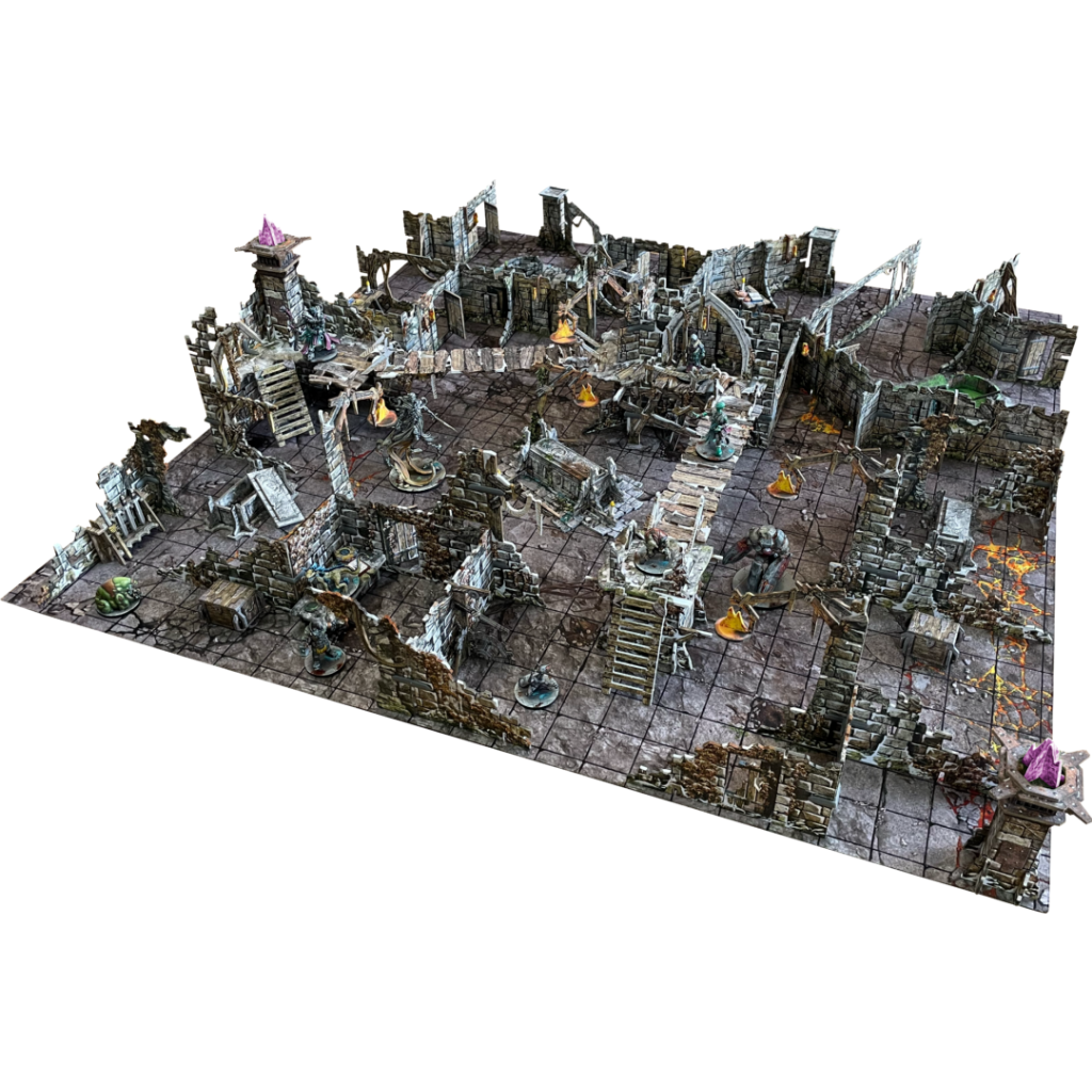 Maladum The Forbidden Creed – rozłożona arena 3D: zaśnieżone ruiny fortecy Duhn-Linn z 44 elementami terenu, figurkami i matą neoprenową
