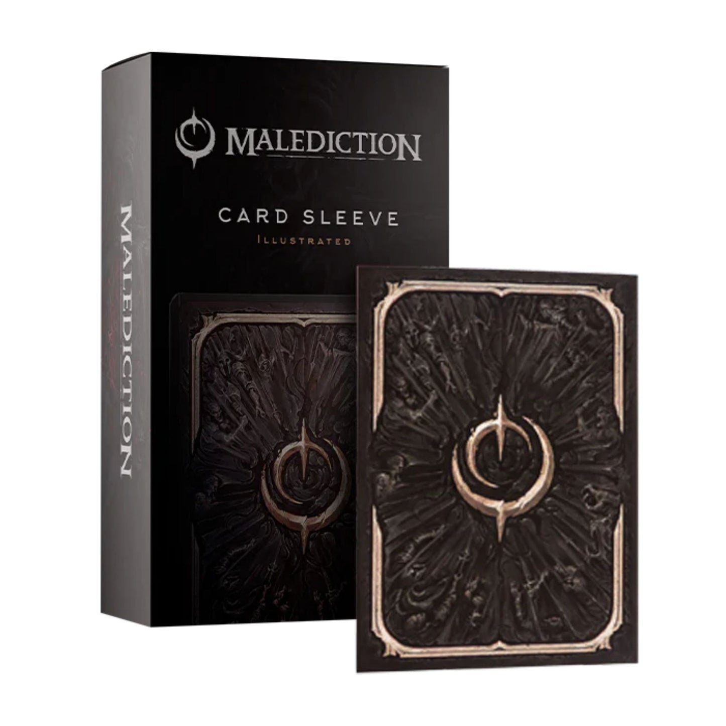 Malediction Card Sleeve Illustrated – czarne pudełko z logo Malediction i przykładową koszulką z ciemnym ornamentem i złotym symbolem Malediction na białym tle