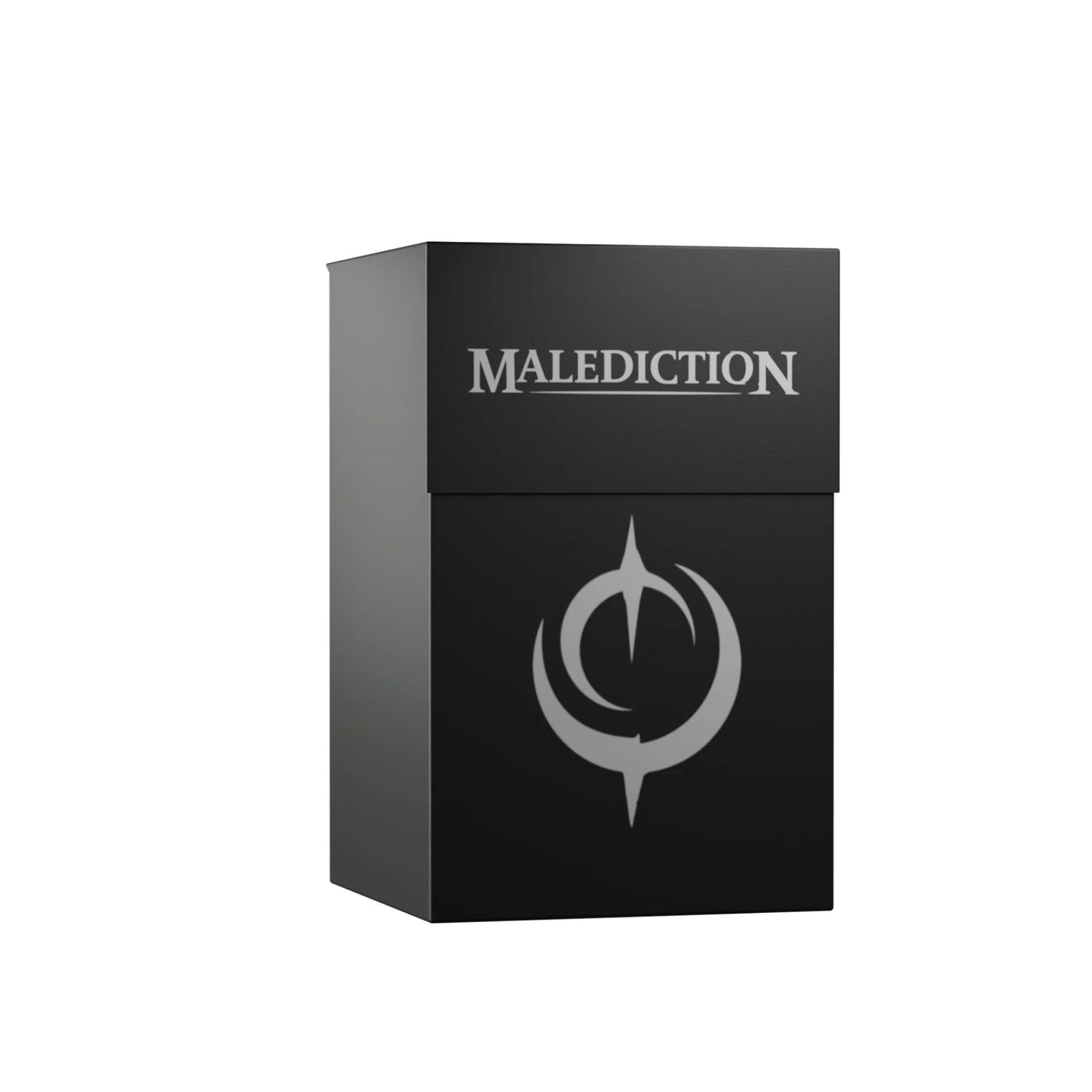 Malediction PP Deck Box – czarne pudełko na karty z logo Malediction i symbolem na białym tle, widok pod kątem