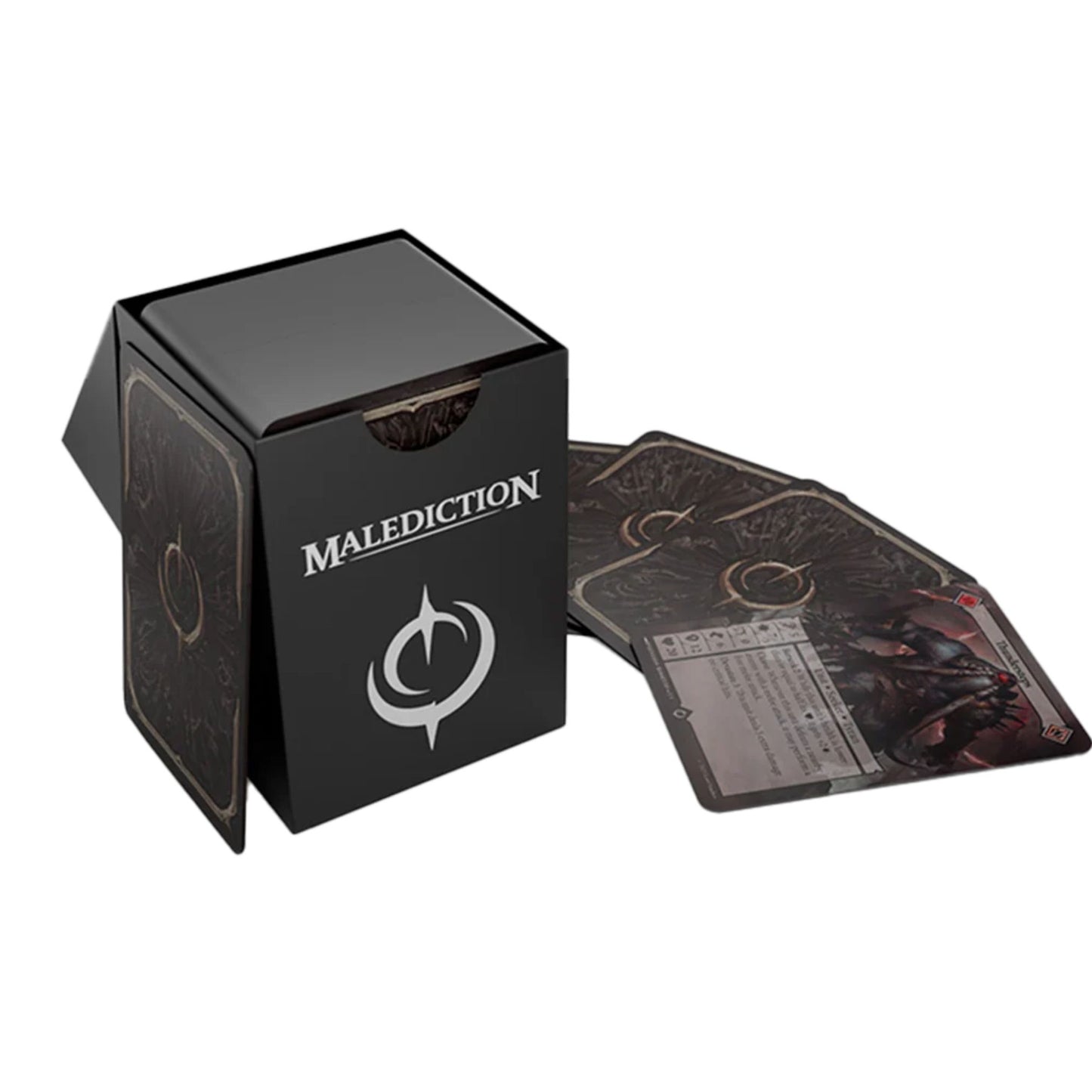 Malediction PP Deck Box – czarne pudełko otwarte z kartami Malediction wysuniętymi z boku, widok pod kątem na białym tle