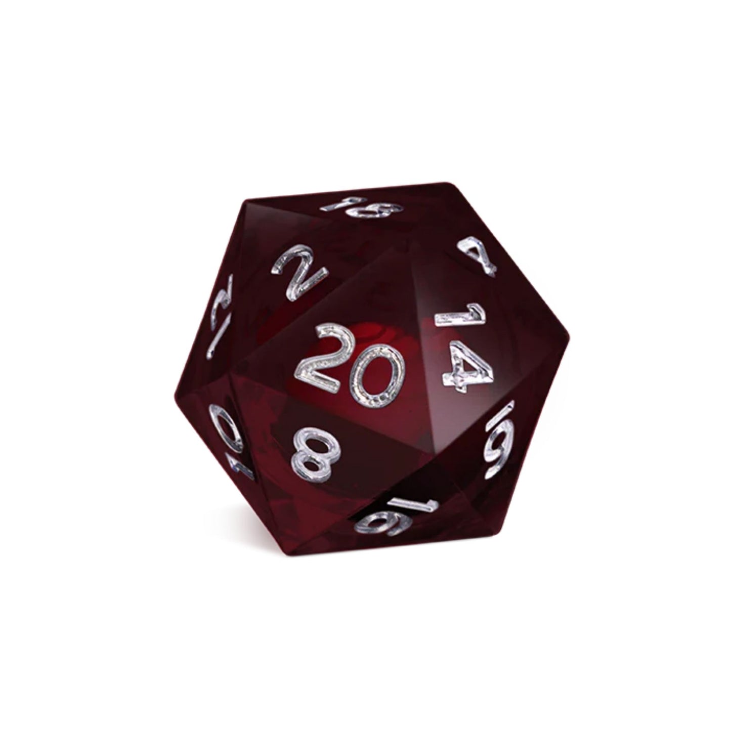 Malediction Special D20 – ciemnoczerwona kość D20 z płynnym rdzeniem i srebrnymi cyframi, ściana z "20" na froncie, białe tło