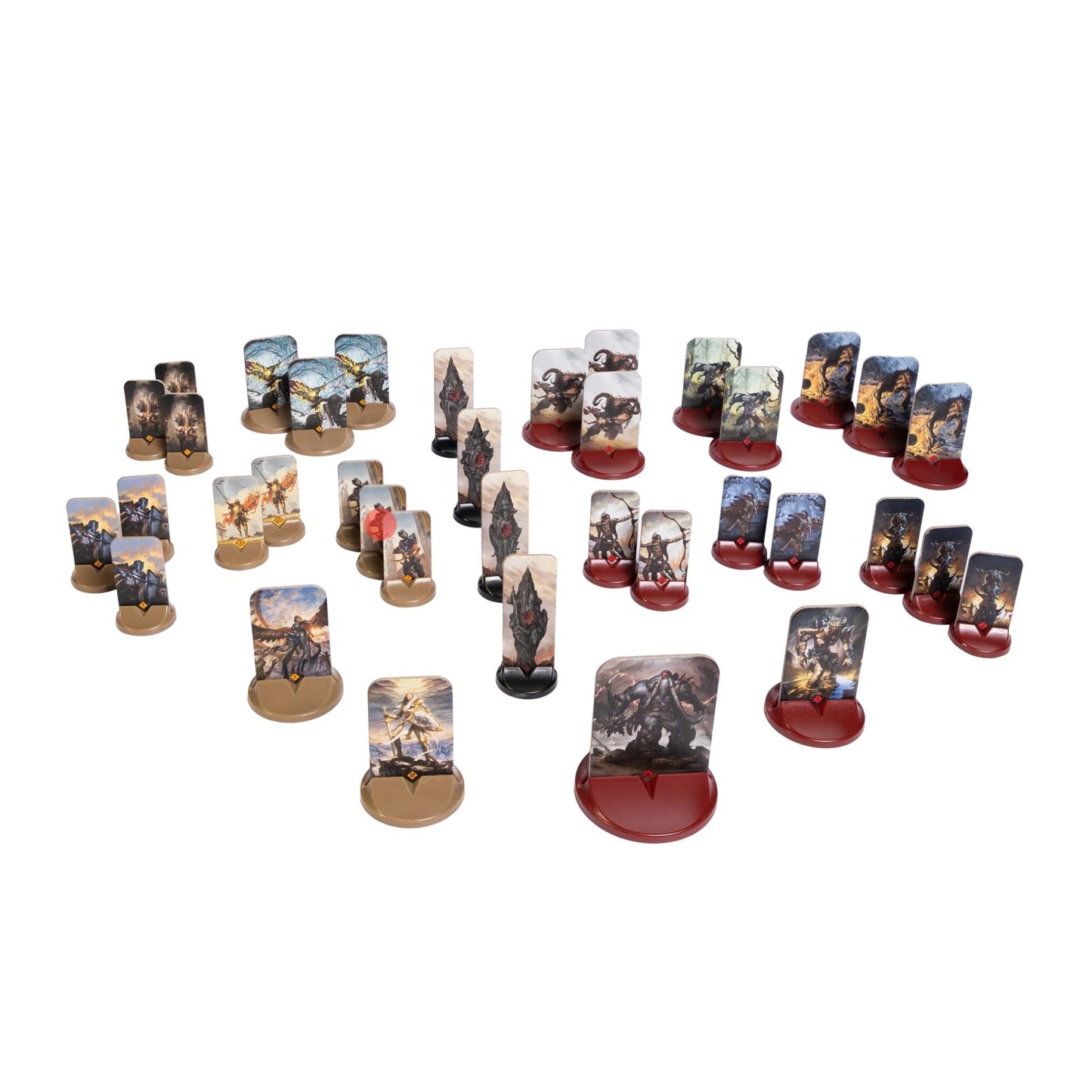 Malediction Two Player Starter Box Sigrith vs Thundersteps – 37 plastikowych standees z kartami jednostek: złote podstawki frakcji Sigrith Andravos i czerwone frakcji Thundersteps oraz czarne Seekerów na białym tle