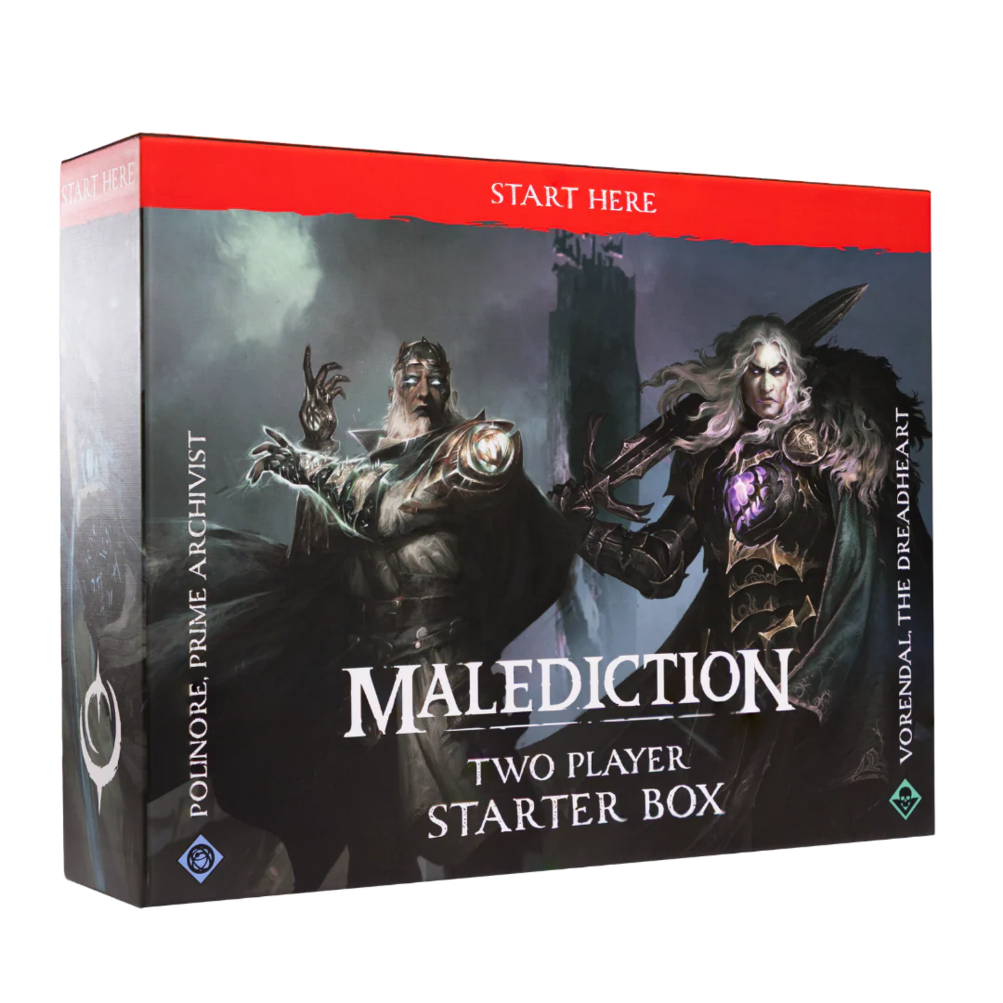 Malediction Two Player Starter Box – pudełko z grafiką Polinore Prime Archivist i Vorendal the Dreadheart na tle mrocznego zamku, napis START HERE, Loot Studios