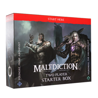 Malediction Two Player Starter Box – pudełko z grafiką Polinore Prime Archivist i Vorendal the Dreadheart na tle mrocznego zamku, napis START HERE, Loot Studios