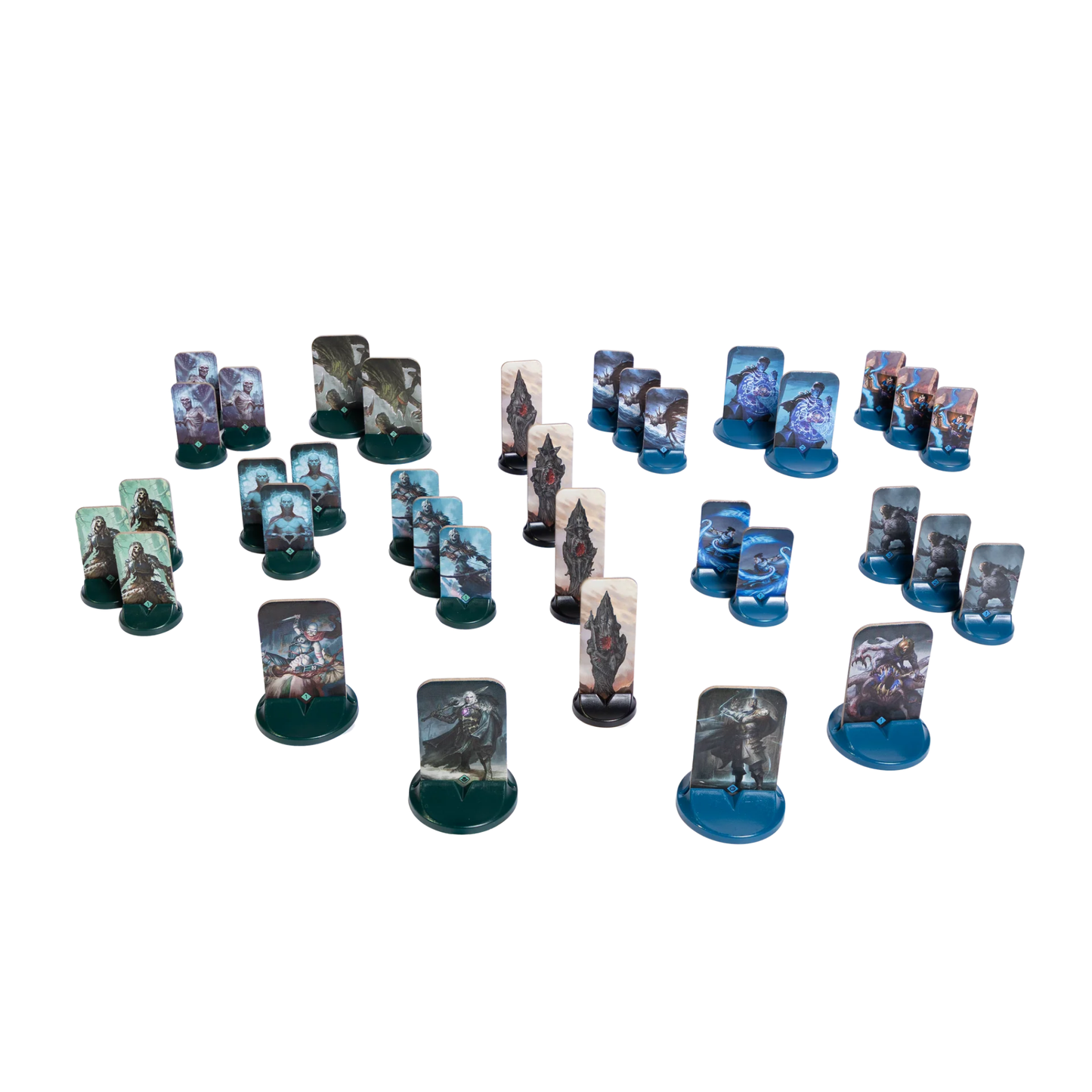 Malediction Two Player Starter Box – 34 plastikowe standees z kartami jednostek: zielone podstawki frakcji Polinore i niebieskie frakcji Vorendal z ilustracjami postaci na białym tle