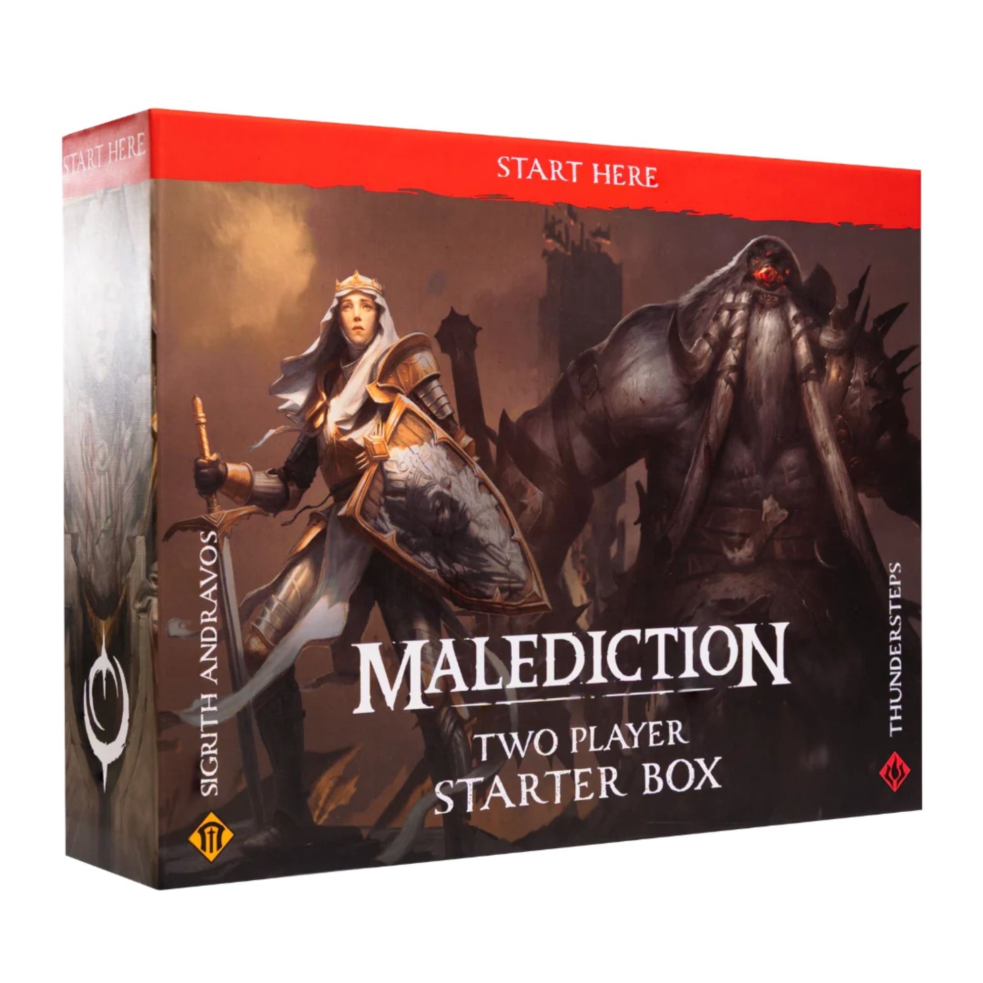 Malediction Two Player Starter Box – pudełko z grafiką Sigrith Andravos (rycerka ze złotą tarczą) i Thundersteps (potwór z czerwonym okiem) na tle mrocznego zamku, napis START HERE, Loot Studios