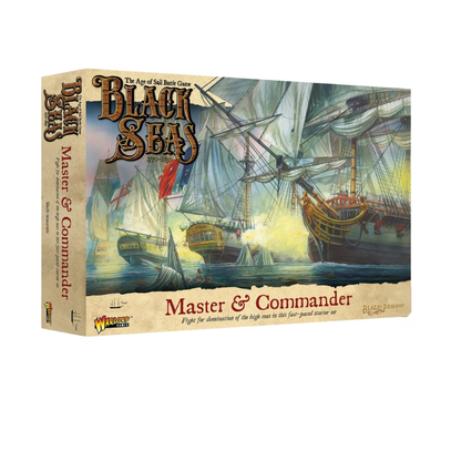 Pudełko zestawu Master & Commander Starter Set – Black Seas Age of Sail Battle Game 1770-1830, ilustracja bitwy morskiej z fregatami w ogniu armatnim, Warlord Games
