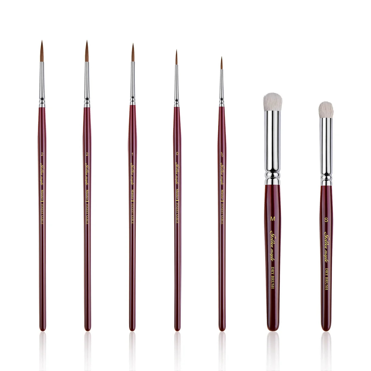 7 pędzli Golden Maple K-Series rozłożonych na białym tle – rozmiary 3/0, 0, 1, 2×2 Kolinsky Sable oraz S i M Goat Hair Dry Brush

