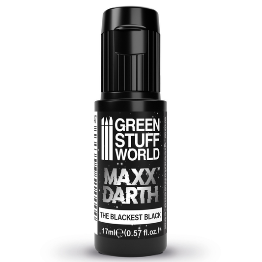 Maxx Darth Black Paint Green Stuff World – butelka 17ml z zakrętką Flip Top, napis "The Blackest Black", widok z przodu
