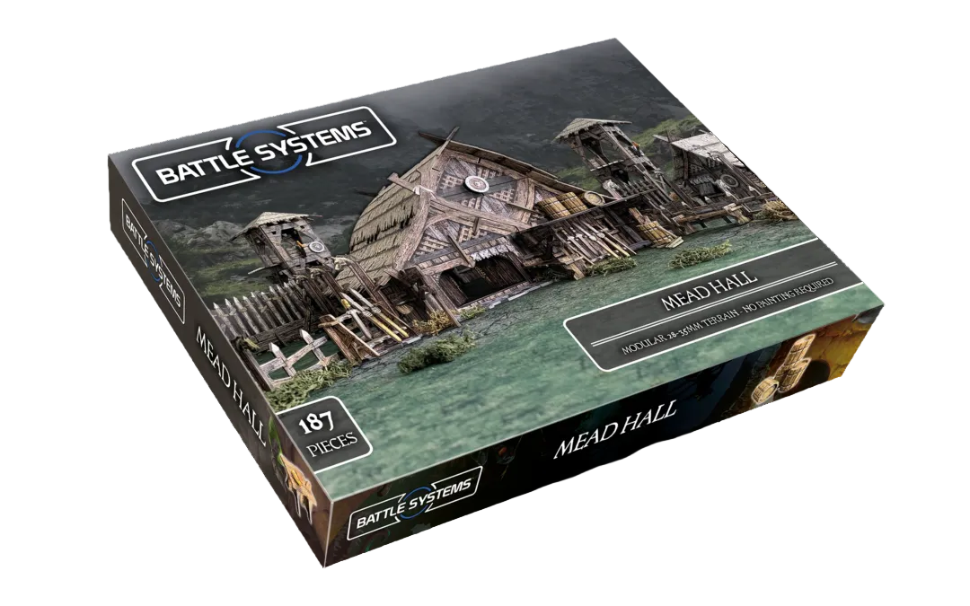 Mead Hall BSTFWE018 28-35mm Battle Systems - pudełko zestawu 187 elementów widok izometryczny ciemne tło
