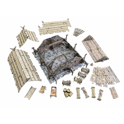Mead Hall BSTFWE018 28-35mm Battle Systems - wszystkie 187 elementów rozłożone panele dachowe ściany meble scatter widok z góry białe tło

