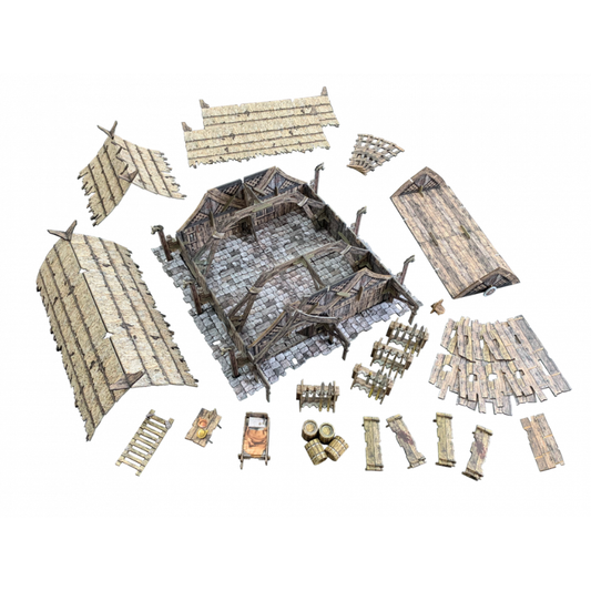 Mead Hall BSTFWE018 28-35mm Battle Systems - wszystkie 187 elementów rozłożone panele dachowe ściany meble scatter widok z góry białe tło
