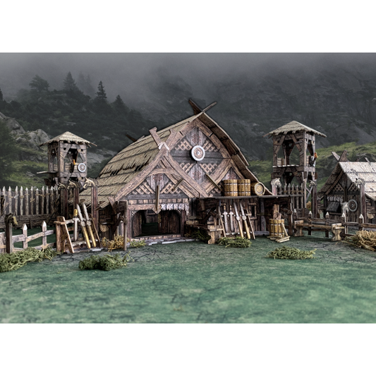 Mead Hall BSTFWE018 28-35mm Battle Systems - nordycka sala miodowa z wieżami strażniczymi i ogrodzeniem widok klimatyczny z przodu górskie tło
