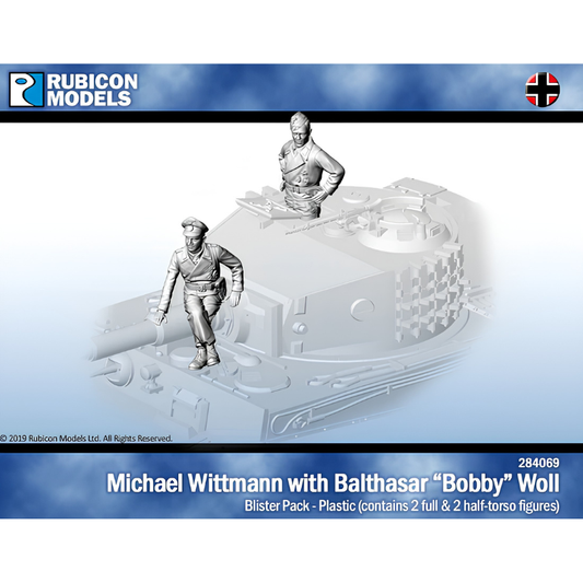 Michael Wittmann & Balthasar Bobby Woll Rubicon Models – okładka blistera 284069, 2 pełne i 2 pół-figurki plastikowe na tle Tigera, 28mm