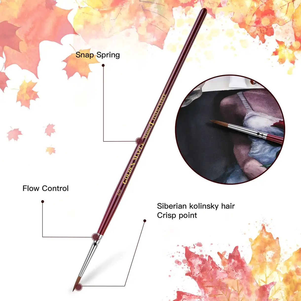 Infografika pędzla Golden Maple Master I Finest Sable 4/0 – opis cech: Snap Spring, Flow Control, Siberian Kolinsky Hair, Crisp Point; tło z jesiennych liści klonu, wkładka z malowaniem akwarelą
