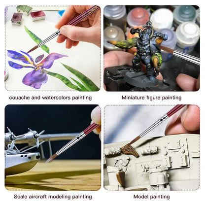 Infografika zastosowań pędzla Golden Maple Master I 2/0 – cztery zdjęcia: malowanie akwarelą (irys), malowanie figurki (Warhammer), malowanie modelu samolotu, malowanie modelu czołgu
