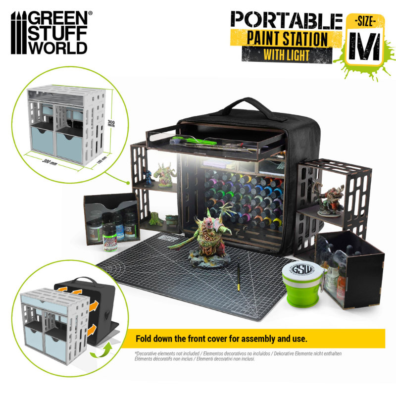 Portable Paint Station M – schemat montażu: wymiary 300x300x180mm, składanie frontu w dół, dwie boczne półki, szuflady z akrylowymi frontami, waga 3,25kg
