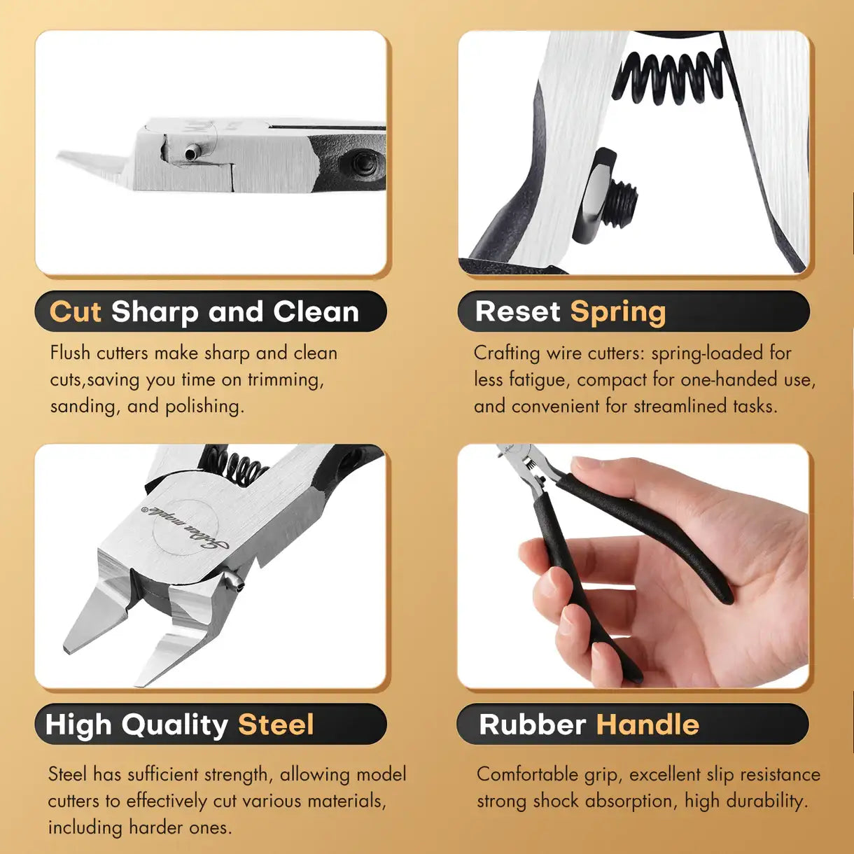 Miniature Modeling Basic Kit Golden Maple – infografika obcinarki: Cut Sharp and Clean (ostrze flush, czyste cięcia), Reset Spring (sprężyna powrotna, mniejsze zmęczenie), High Quality Steel (stal wystarczająco twarda do twardych materiałów), Rubber Handle (gumowy uchwyt, antypoślizgowy, amortyzujący), złote tło
