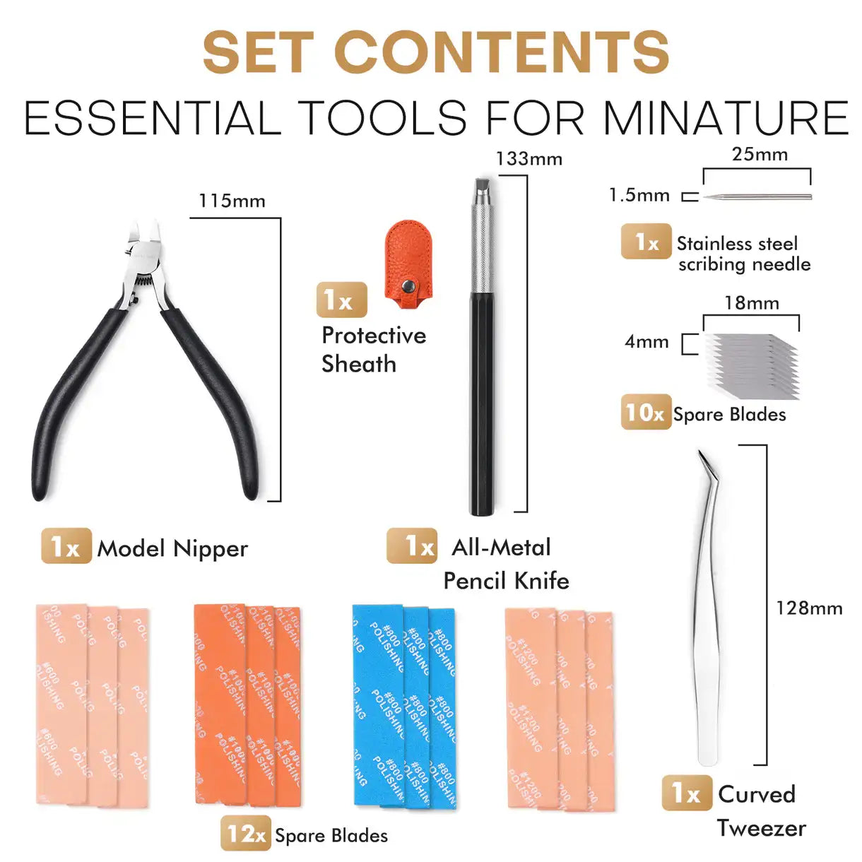 Miniature Modeling Basic Kit Golden Maple – infografika zawartości: 1× Model Nipper 115mm, 1× All-Metal Pencil Knife 133mm z 1× Protective Sheath, 1× Stainless Steel Scribing Needle 25mm, 10× Spare Blades 18mm×4mm, 12× Sanding Sponge (pomarańczowe #600/#1000/#1200 i niebieskie #800), 1× Curved Tweezer 128mm, białe tło
