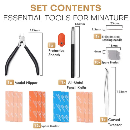 Miniature Modeling Basic Kit Golden Maple – infografika zawartości: 1× Model Nipper 115mm, 1× All-Metal Pencil Knife 133mm z 1× Protective Sheath, 1× Stainless Steel Scribing Needle 25mm, 10× Spare Blades 18mm×4mm, 12× Sanding Sponge (pomarańczowe #600/#1000/#1200 i niebieskie #800), 1× Curved Tweezer 128mm, białe tło
