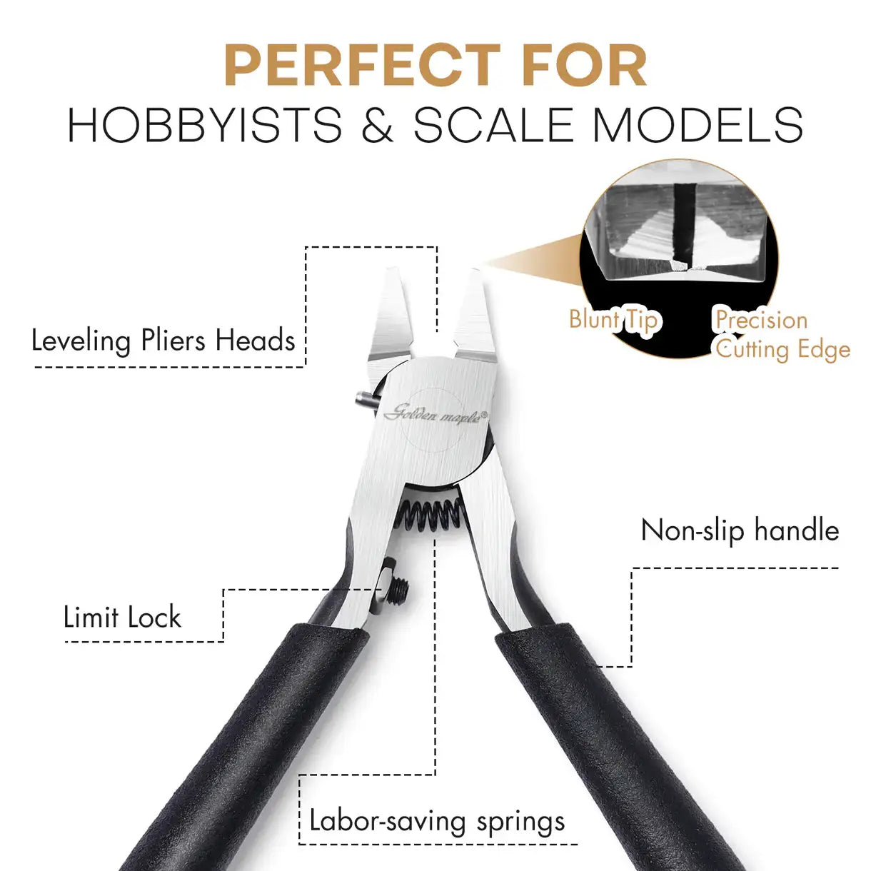 Miniature Modeling Basic Kit Golden Maple – infografika obcinarki modelarskiej: Leveling Pliers Heads (płaskie szczęki), Blunt Tip i Precision Cutting Edge (zbliżenie na ostrze), Limit Lock (blokada), Labor-saving Springs (sprężyna), Non-slip Handle (gumowy uchwyt); napis "Perfect for Hobbyists & Scale Models", białe tło
