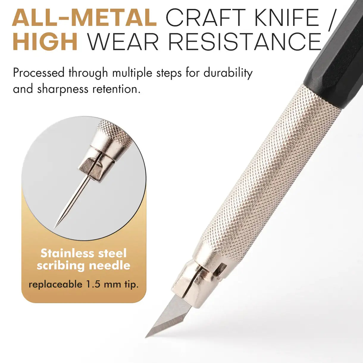 Miniature Modeling Basic Kit Golden Maple – infografika nożyka All-Metal Craft Knife: zbliżenie na ostrze i wymienną igłę do rytowania ze stali nierdzewnej 1,5mm (replaceable tip), metalowa rączka z rowkowaną powierzchnią antypoślizgową; napis "All-Metal Craft Knife / High Wear Resistance", białe tło
