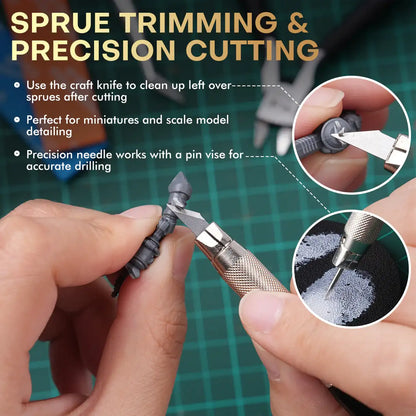Miniature Modeling Basic Kit Golden Maple – nożyk modelarski w akcji: czyszczenie pozostałości sprue na szarej figurce Warhammer (Sprue Trimming), zbliżenie na igłę do rytowania przy wierceniu w modelu (Precision Cutting); napis "Sprue Trimming & Precision Cutting", zielona mata do cięcia w tle
