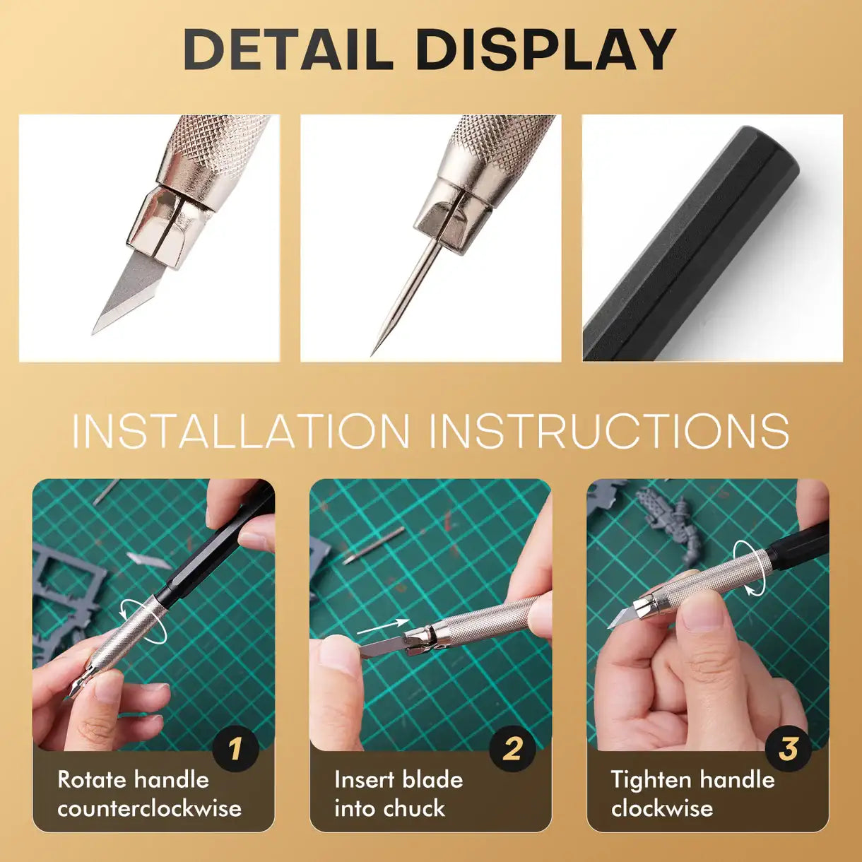 Miniature Modeling Basic Kit Golden Maple – instrukcja wymiany ostrza w nożyku: 3 kroki (1. Rotate handle counterclockwise, 2. Insert blade into chuck, 3. Tighten handle clockwise); zbliżenia na ostrze i igłę do rytowania oraz gumowy uchwyt; złote tło

