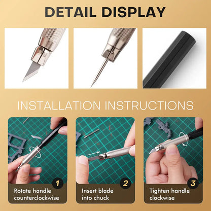Miniature Modeling Basic Kit Golden Maple – instrukcja wymiany ostrza w nożyku: 3 kroki (1. Rotate handle counterclockwise, 2. Insert blade into chuck, 3. Tighten handle clockwise); zbliżenia na ostrze i igłę do rytowania oraz gumowy uchwyt; złote tło
