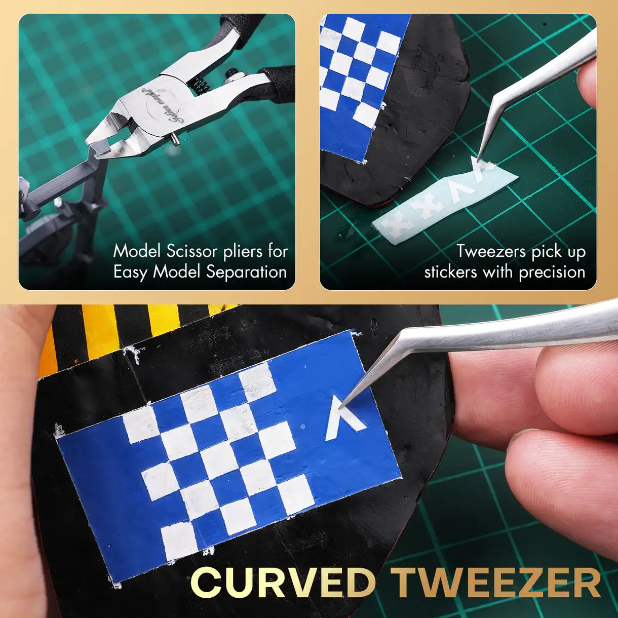 Miniature Modeling Basic Kit Golden Maple – zakrzywiona pęseta Curved Tweezer w akcji: precyzyjne nakładanie kalkomanii w niebiesko-białą szachownicę na model samochodu wyścigowego; obcinarka do separacji elementów modelu; złote tło
