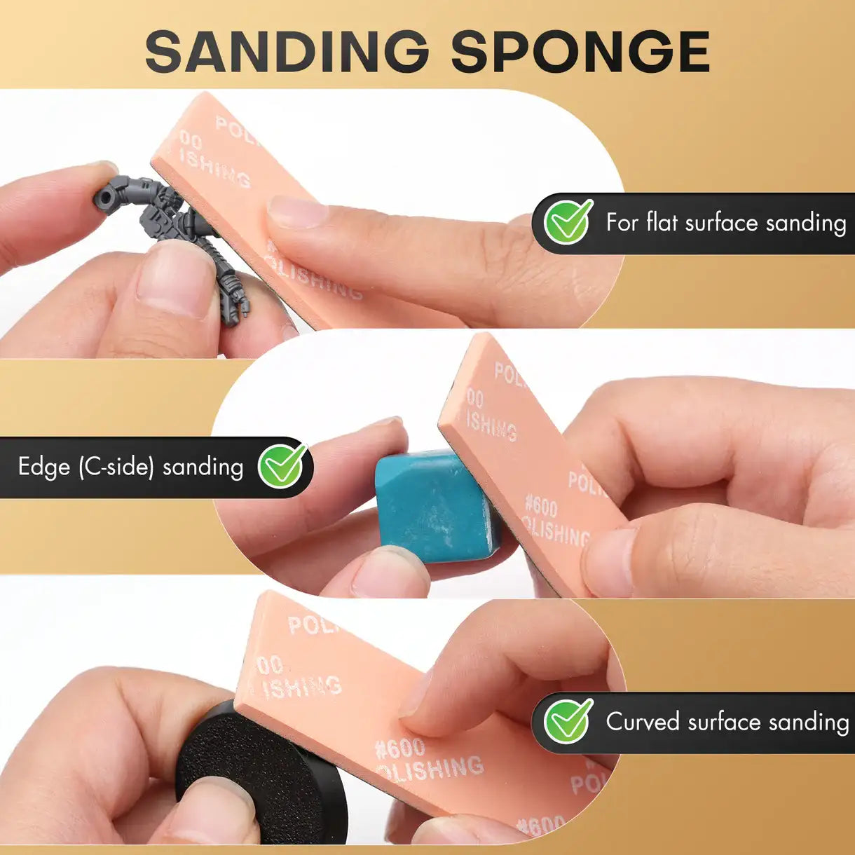 Miniature Modeling Basic Kit Golden Maple – infografika gąbek ściernych Sanding Sponge: zastosowanie do szlifowania płaskich powierzchni figurki Warhammer, szlifowania krawędzi (C-side) elementu z masy modelarskiej, szlifowania krzywizn na podstawce; złote tło
