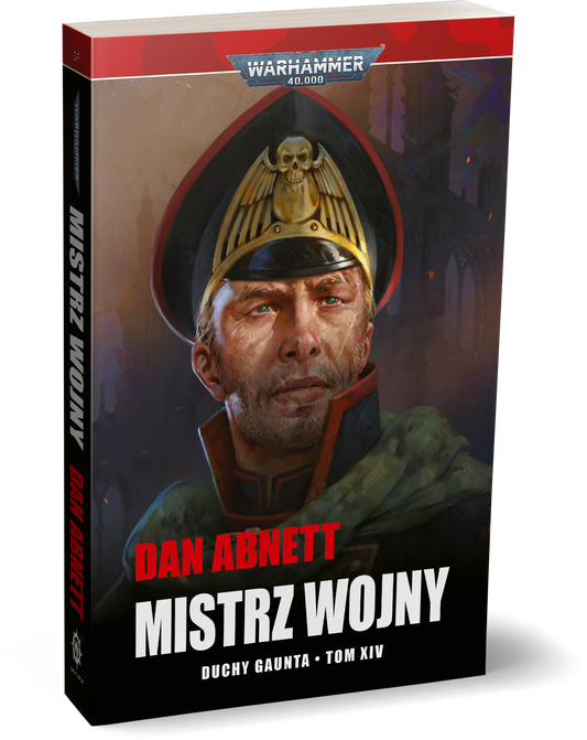 Warhammer 40,000 Mistrz Wojny Duchy Gaunta Tom XIV – trójwymiarowe zdjęcie książki stojącej na białym tle: okładka ze zbliżeniem na twarz komisarza Gaunta w czarnej czapce oficerskiej ze złotą czaszką i zielonymi oczami na tle ciemnych ruin i płomieni, czerwony pasek u góry z logo Warhammer 40,000, czerwony napis Dan Abnett i biały napis Mistrz Wojny, Duchy Gaunta Tom XIV, wydawnictwo Copernicus Corporation
