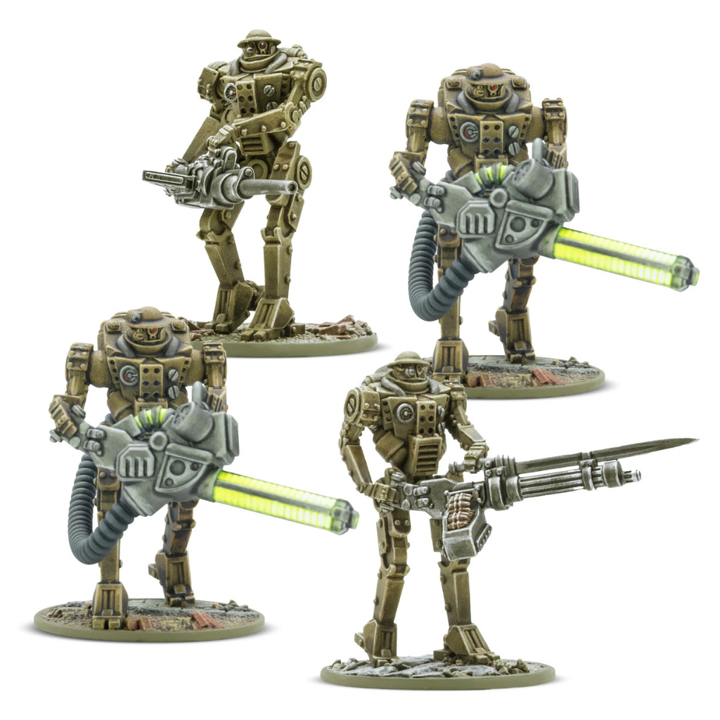 Mk II Heavy Automated Infantry – 4 plastikowe figurki automatonów w skali 28mm, widok z przodu, uzbrojone w automatyczne działka i karabiny maszynowe