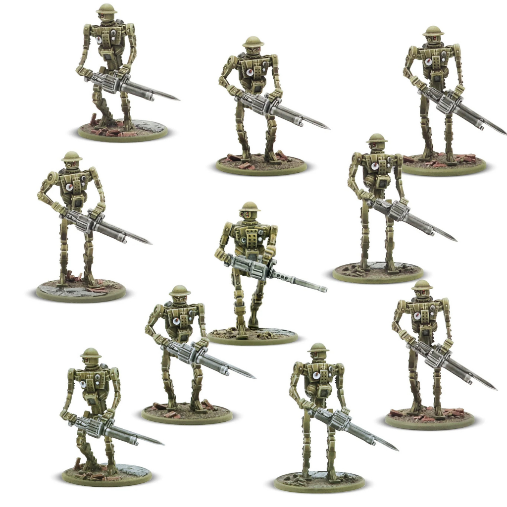 Mk I Automated Infantry – wypraska plastikowa z elementami do złożenia 10 figurek 28mm: nogi, tułowie, głowy, bronie MMG i HMG, Konflikt '47, Warlord Games 452010603
