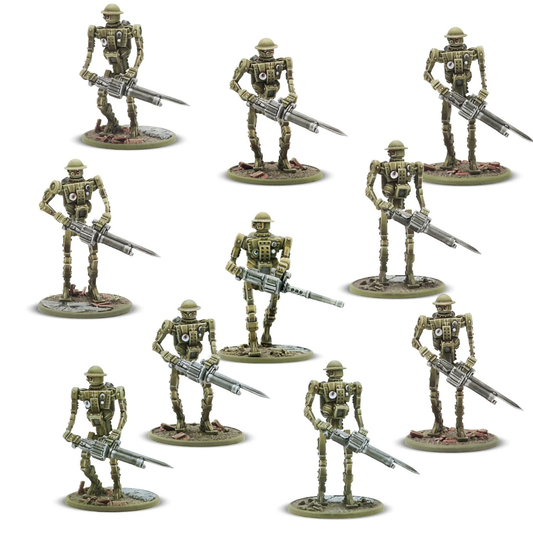 Mk I Automated Infantry – wypraska plastikowa z elementami do złożenia 10 figurek 28mm: nogi, tułowie, głowy, bronie MMG i HMG, Konflikt '47, Warlord Games 452010603
