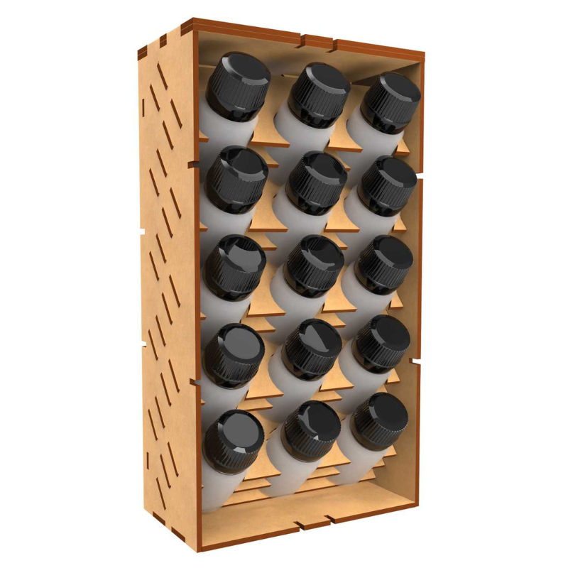 Green Stuff World Vertical Paint Rack 30ml LITE – modułowy stojak MDF z 15 butelkami odwróconymi, widok perspektywiczny, białe tło
