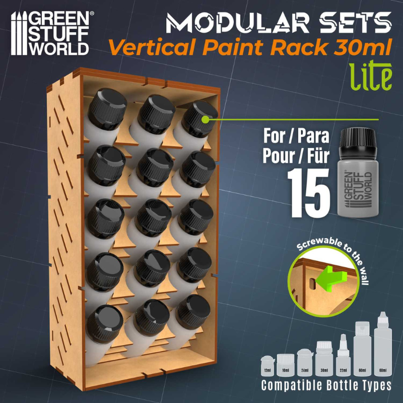 Green Stuff World Vertical Paint Rack 30ml LITE – stojak na 15 butelek 30ml z infografiką kompatybilnych rozmiarów butelek (12ml–60ml) i mocowaniem do ściany
