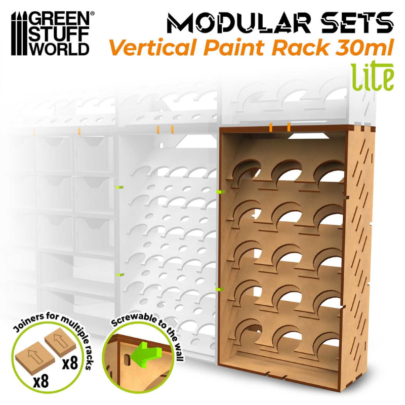 Green Stuff World Modular Sets Vertical Paint Rack 30ml LITE – pusty stojak MDF, 8 łączników do łączenia modułów, możliwość przykręcenia do ściany


