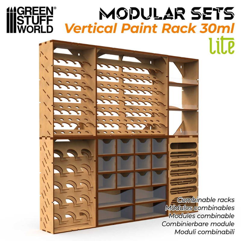 Green Stuff World Vertical Paint Rack 30ml LITE – przykład rozbudowanego systemu modułowego, kombinacja wielu stojaków MDF połączonych poziomo i pionowo
