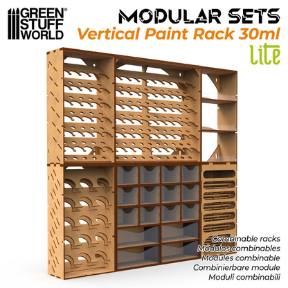 Green Stuff World Vertical Paint Rack 30ml LITE – przykład rozbudowanego systemu modułowego, kombinacja wielu stojaków MDF połączonych poziomo i pionowo

