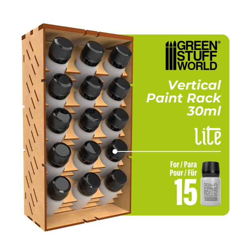 Green Stuff World Vertical Paint Rack 30ml LITE 11524 – stojak na 15 butelek 30ml, widok z przodu z oznaczeniem pojemności

